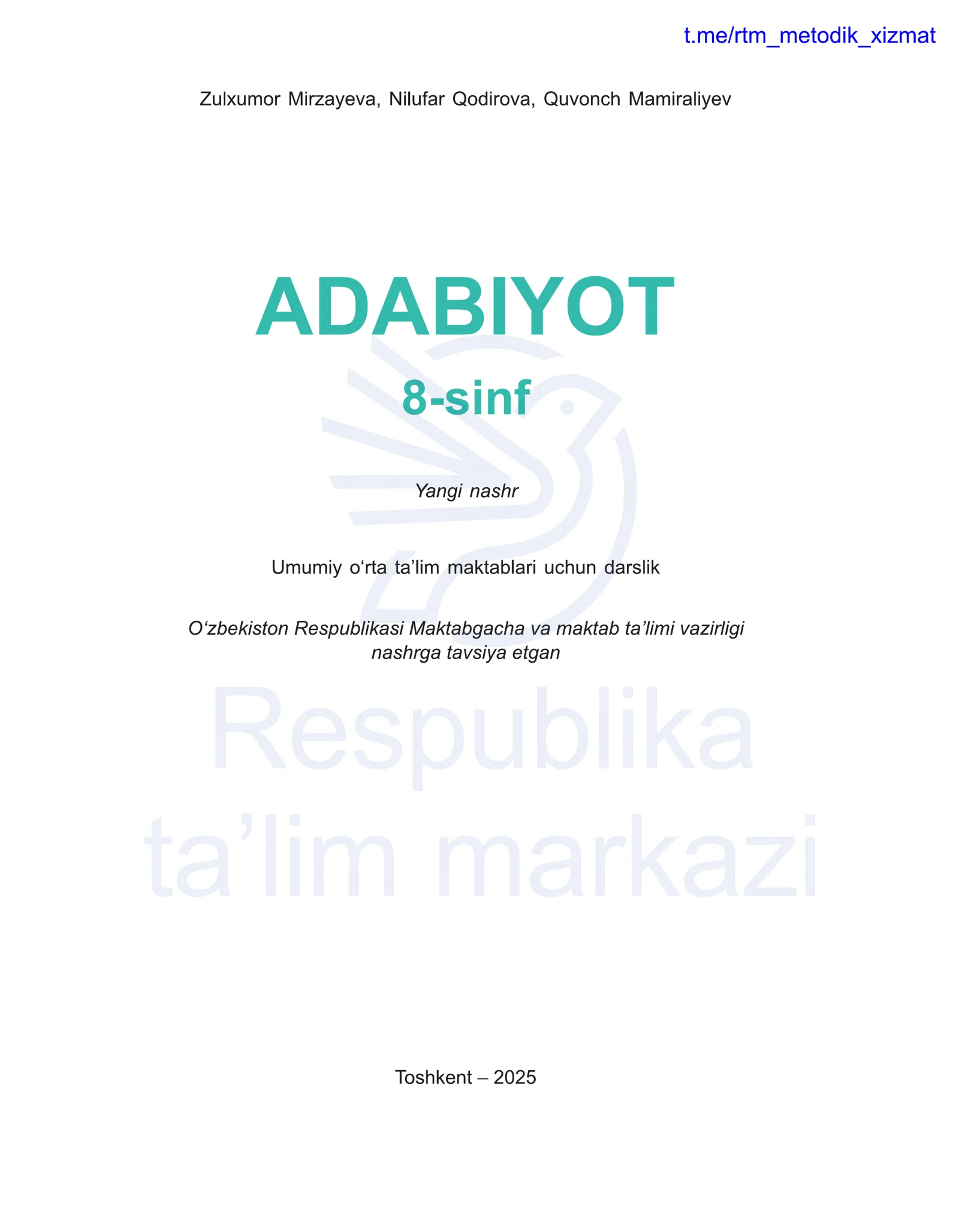 8-sinf Adabiyot darslik: Yangi