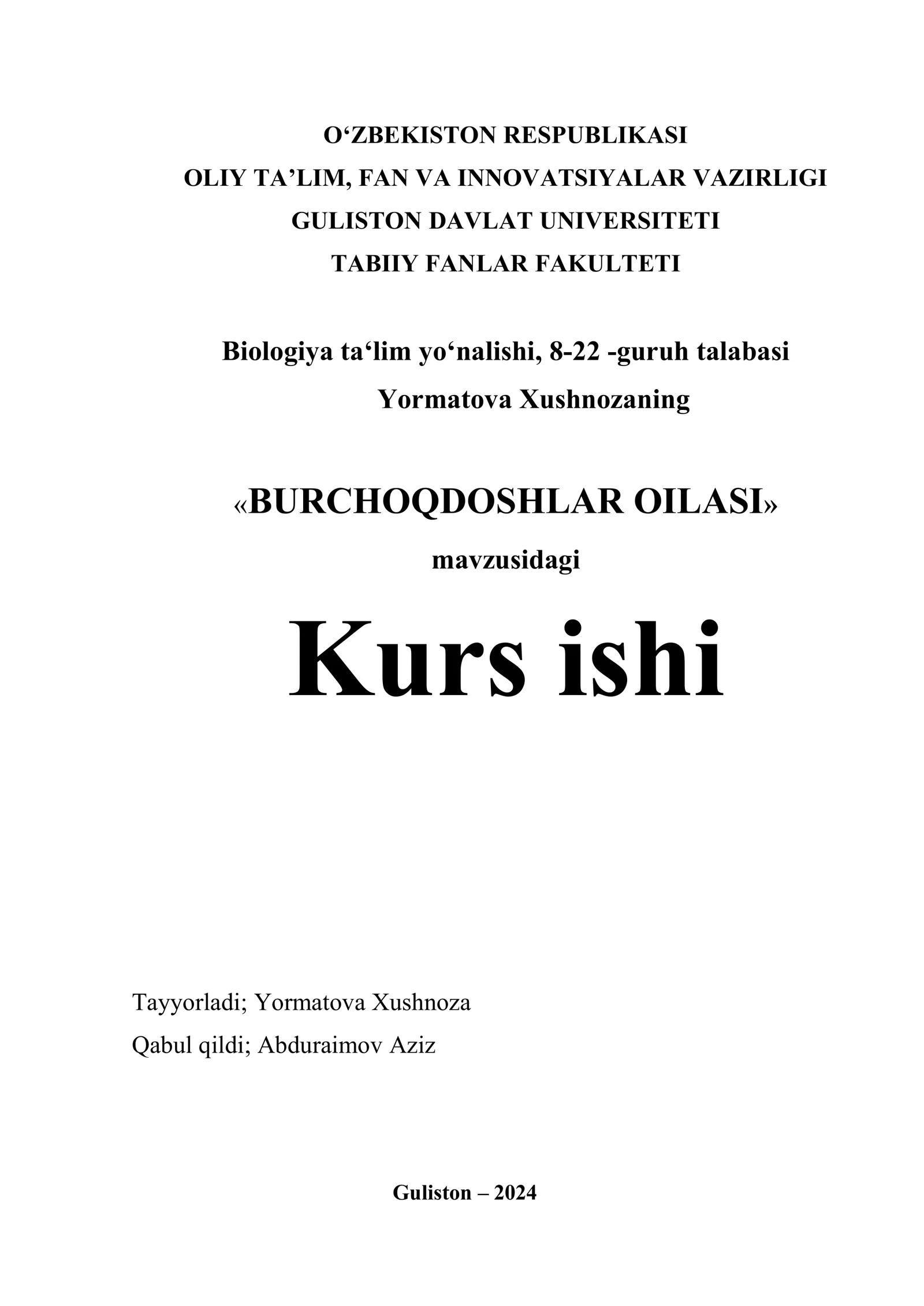 Burchoqdoshlar Oilasi Kurs ishi
