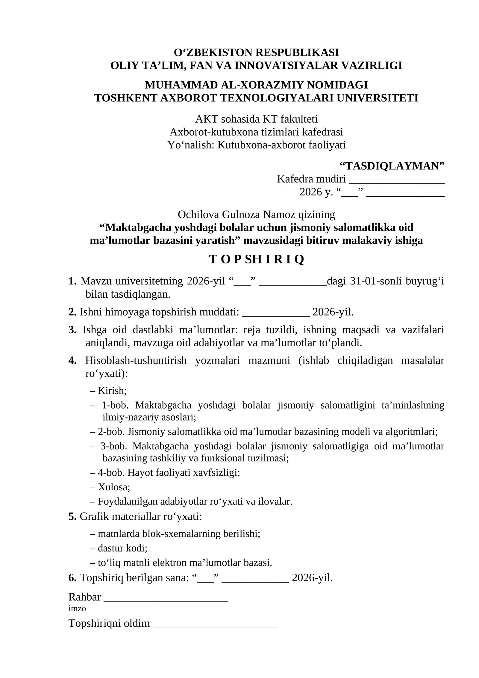 "Maktabgacha yoshdagi bolalar uchun jismoniy salomatlikka oid maʼlumotlar bazasini yaratish" malakaviy ishi