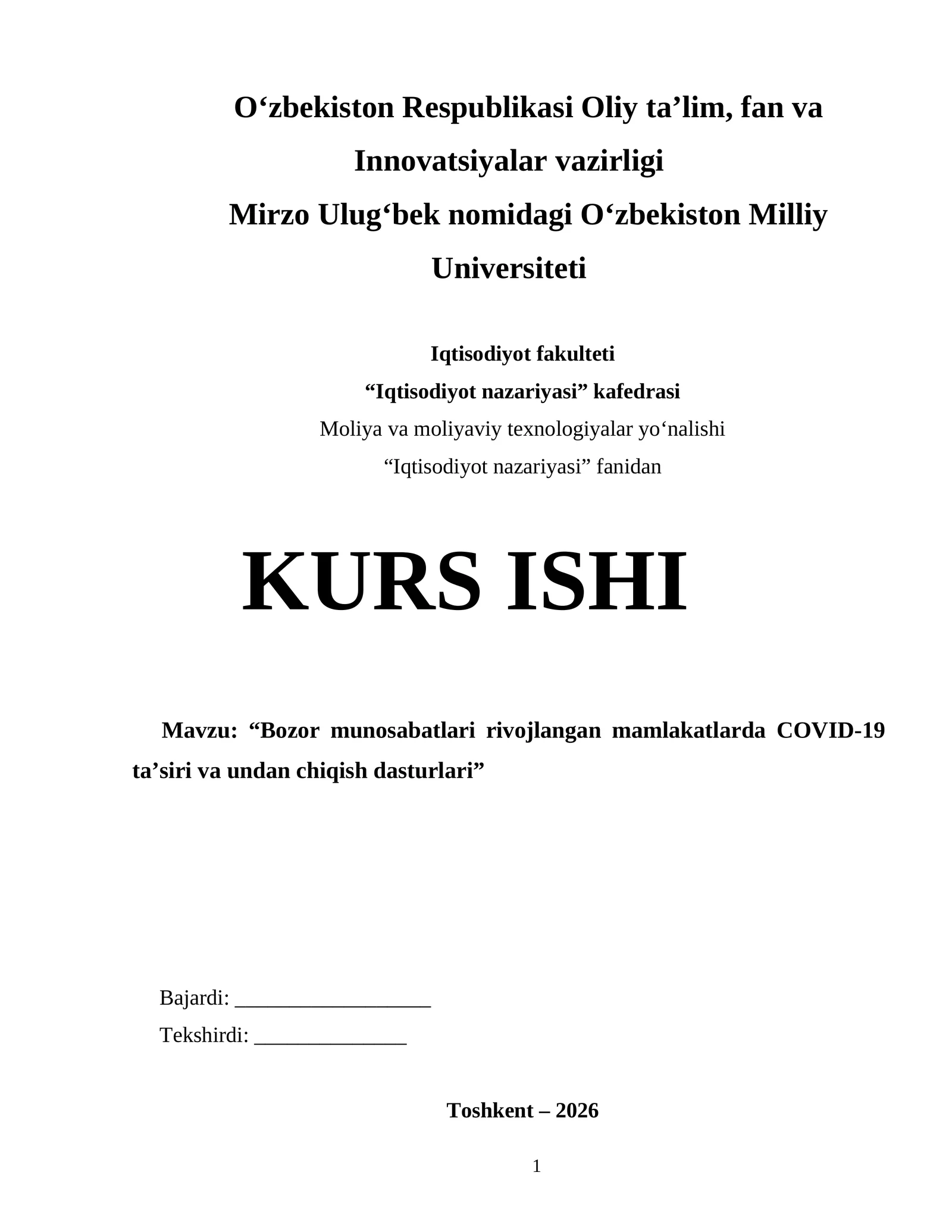 Bozor munosabatlari rivojlangan mamlakatlarda COVID-19 ta’siri va undan chiqish dasturlari