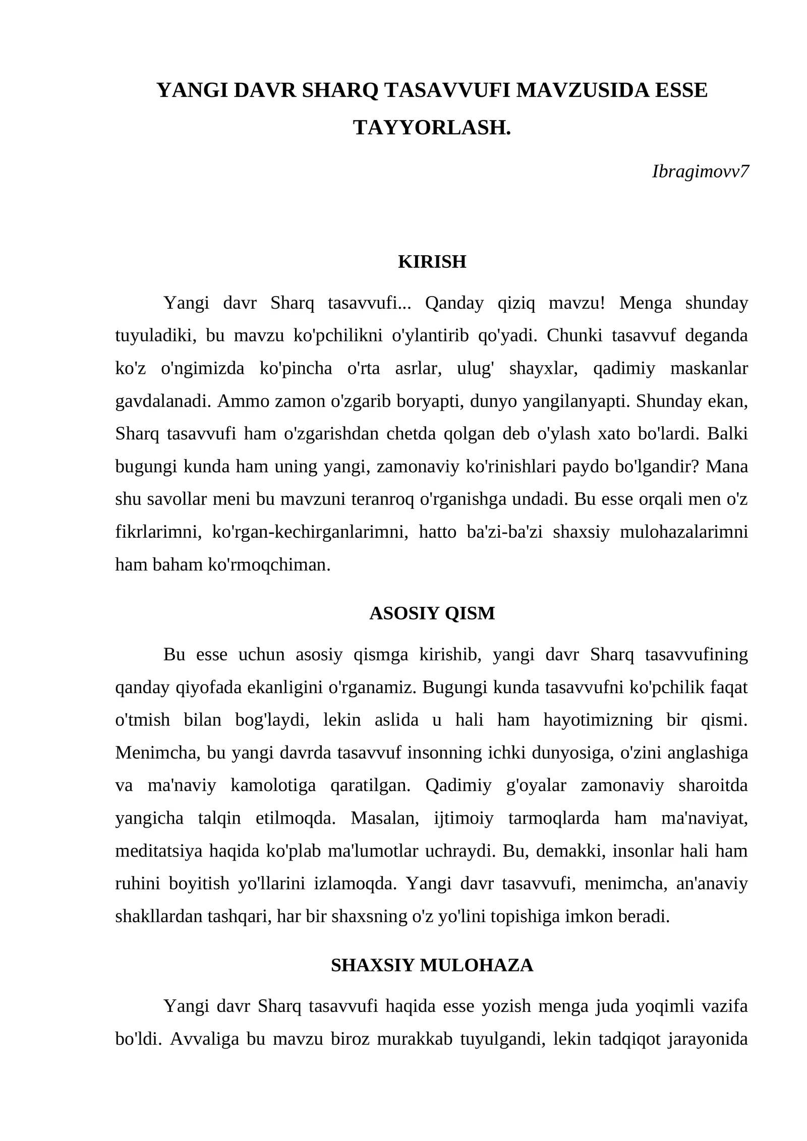 YANGI DAVR SHARQ TASAVVUFI MAVZUSIDA ESSE TAYYORLASH