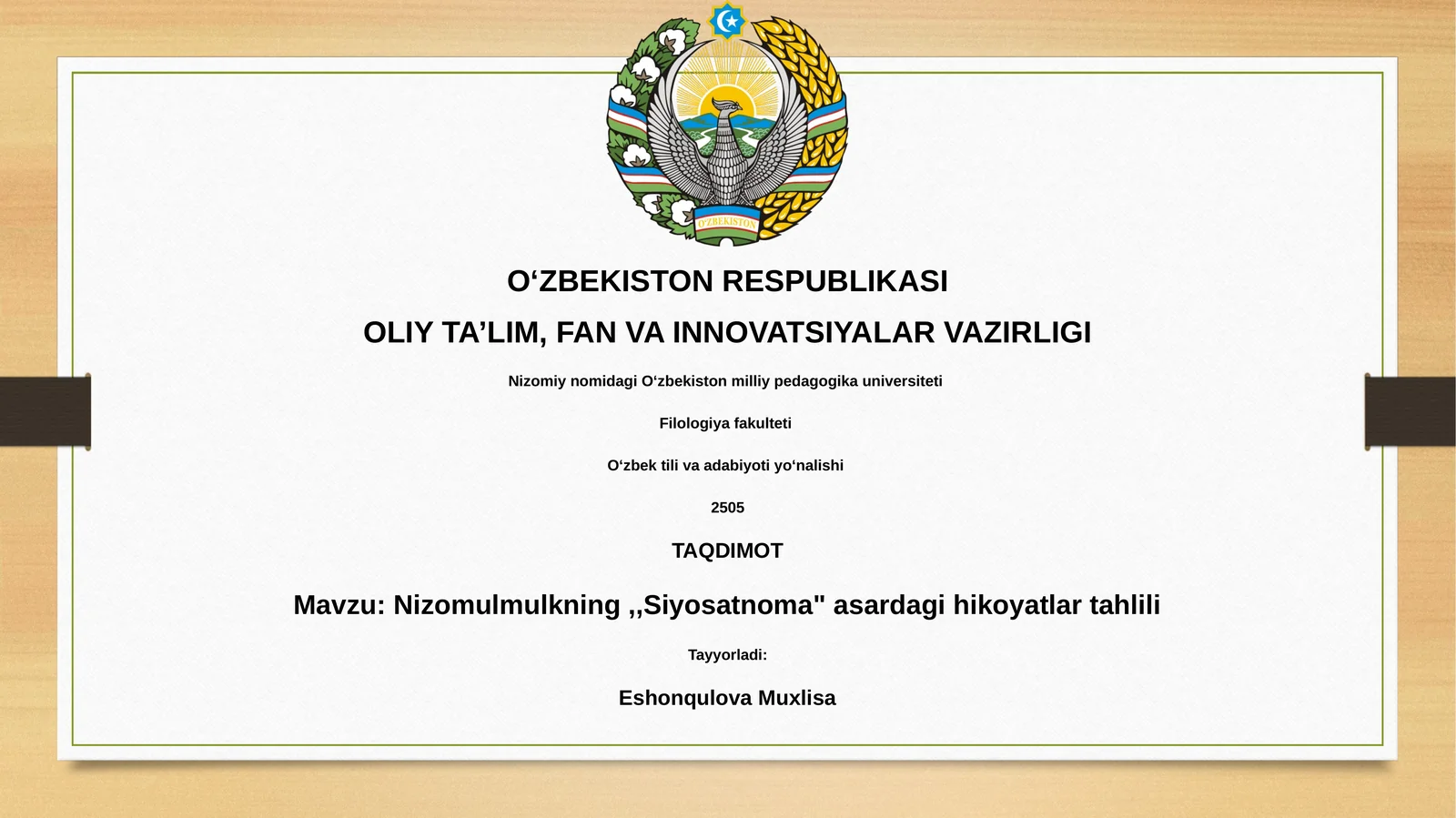 Nizomulmulkning,,Siyosatnoma" asardagi hikoyatlar tahlili