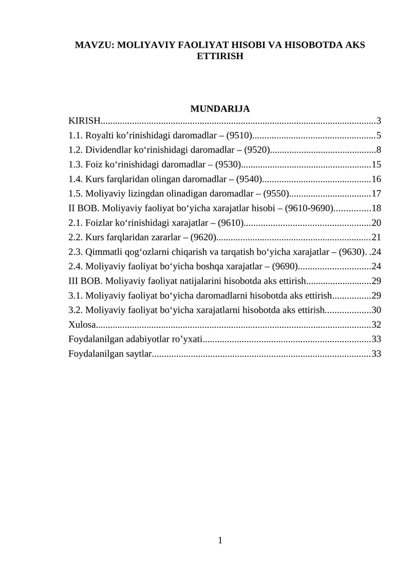 MOLIYAVIY FAOLIYAT HISOBI VA HISOBOTDA AKS ETTIRISH
