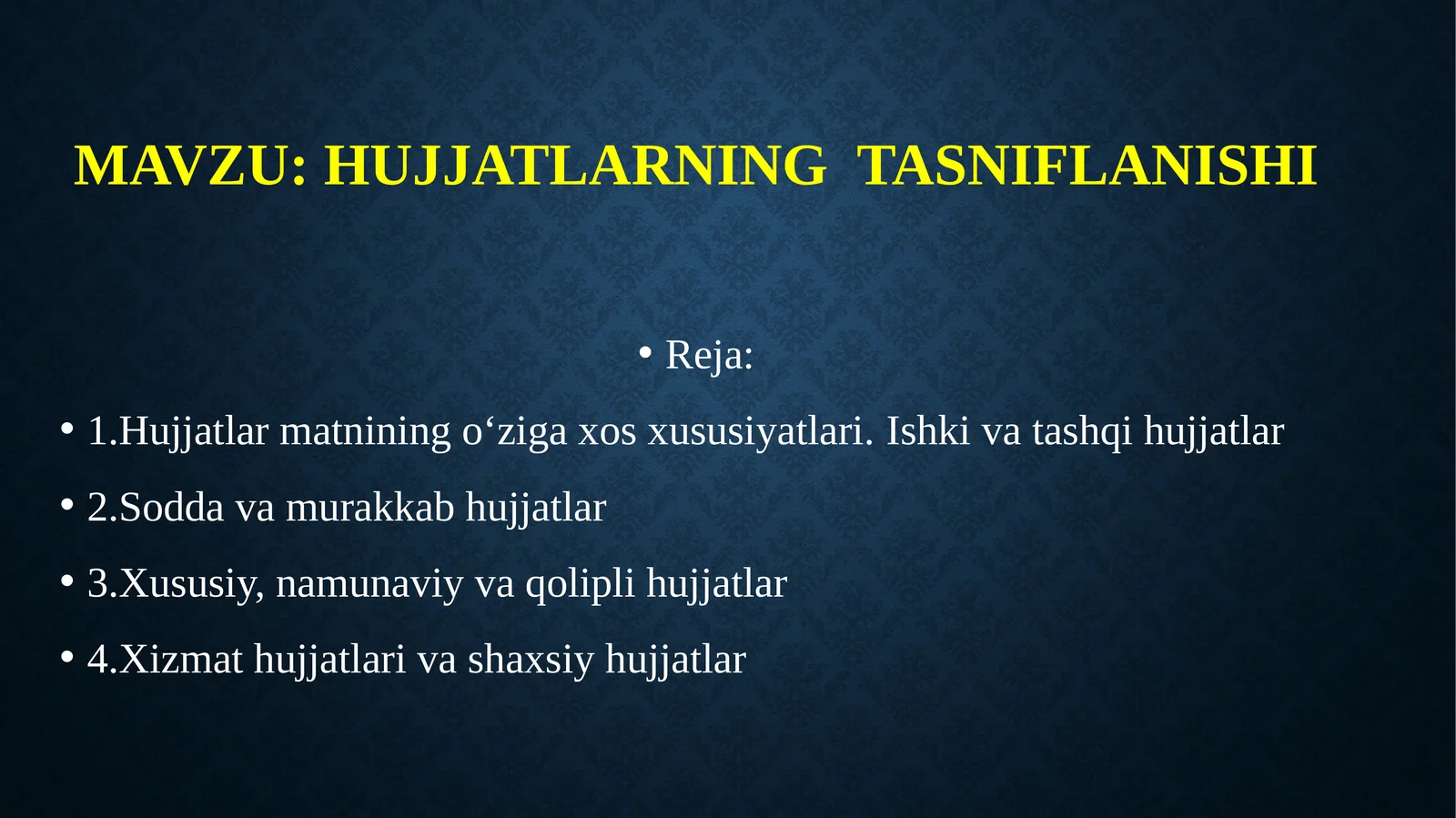 Hujjatlarning tasniflanishi mavzusidagi ajoyib prezentatsiya