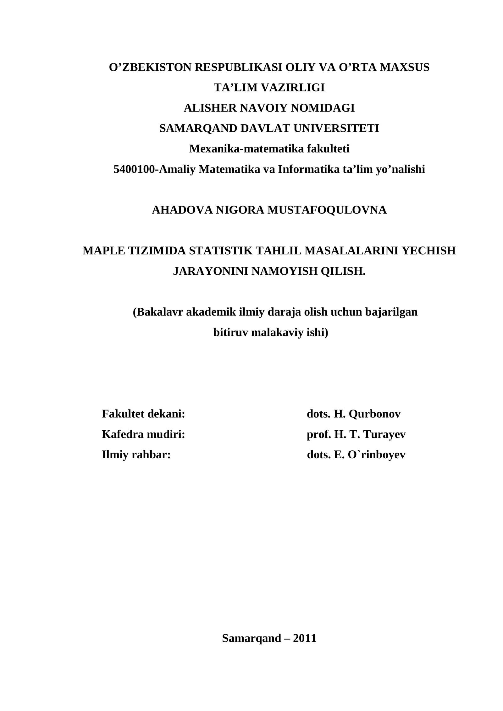 MAPLE TIZIMIDA STATISTIK TAHLIL MASALALARINI YECHISH JARAYONINI NAMOYISH QILISH