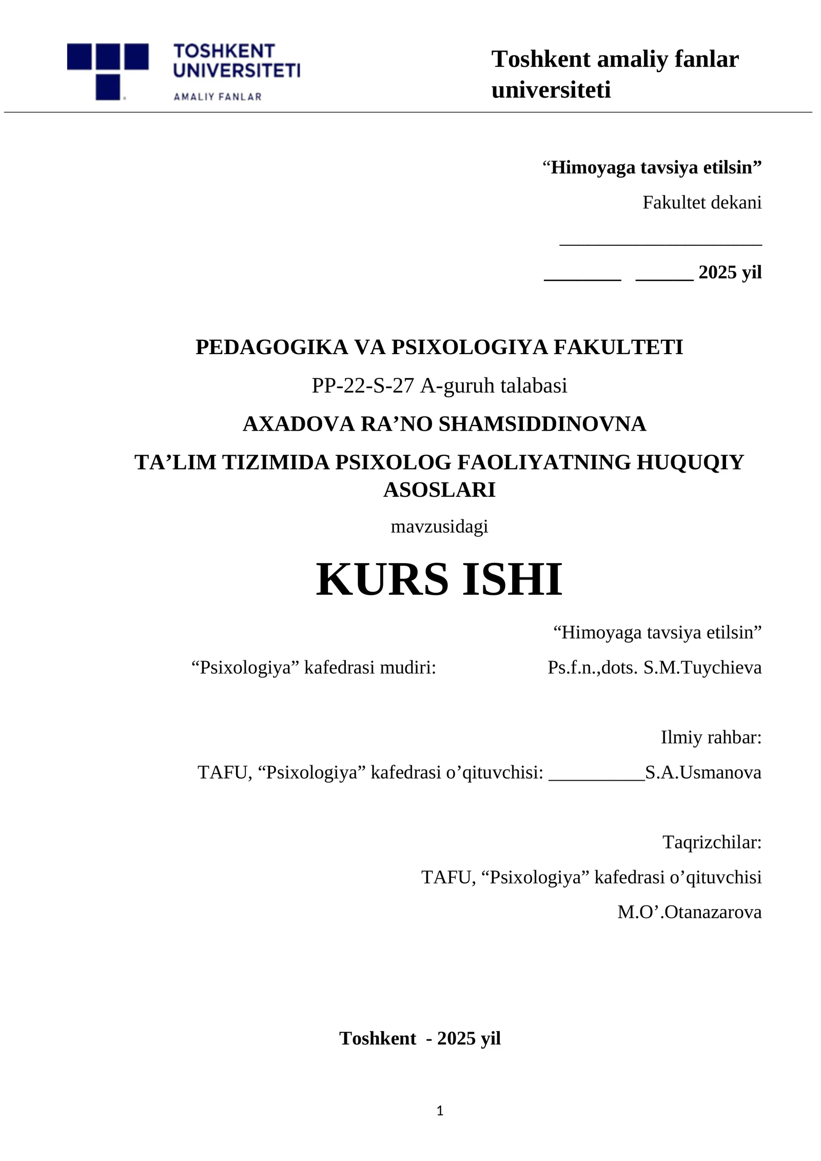 TA’LIM TIZIMIDA PSIXOLOG FAOLIYATNING HUQUQIY ASOSLARI