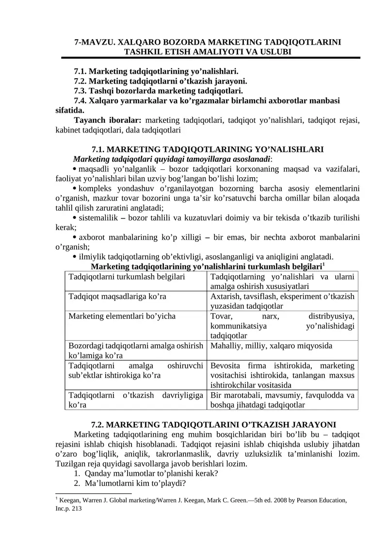 Xalqaro bozorda marketing tadqiqotlarini tashkil etish amaliyoti va uslubi