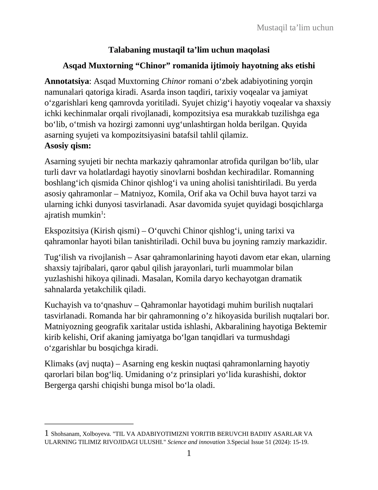 Asqad Muxtorning "Chinor" romani