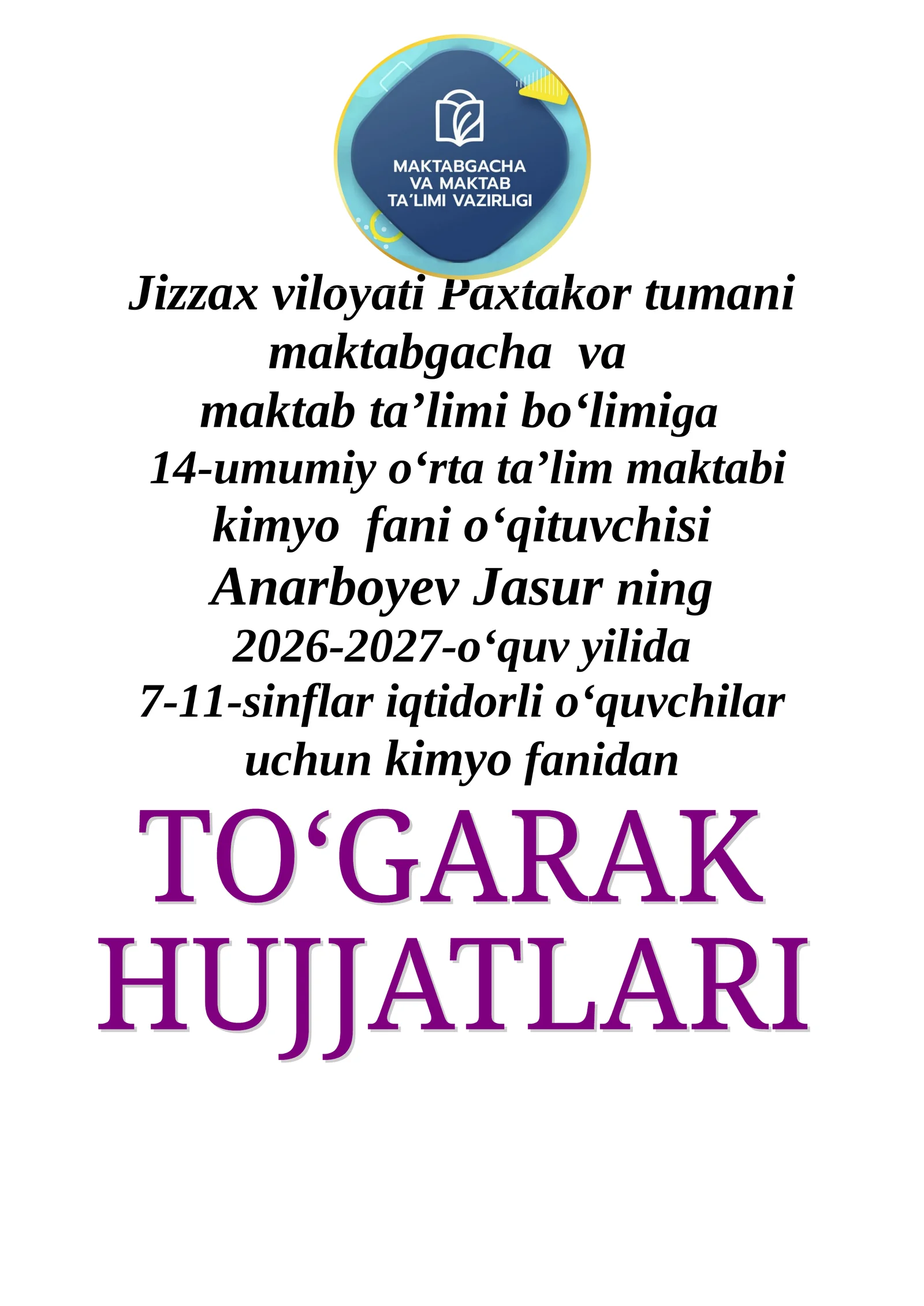 "Yosh kimyogarlar" To'garak mashg'ulotlar