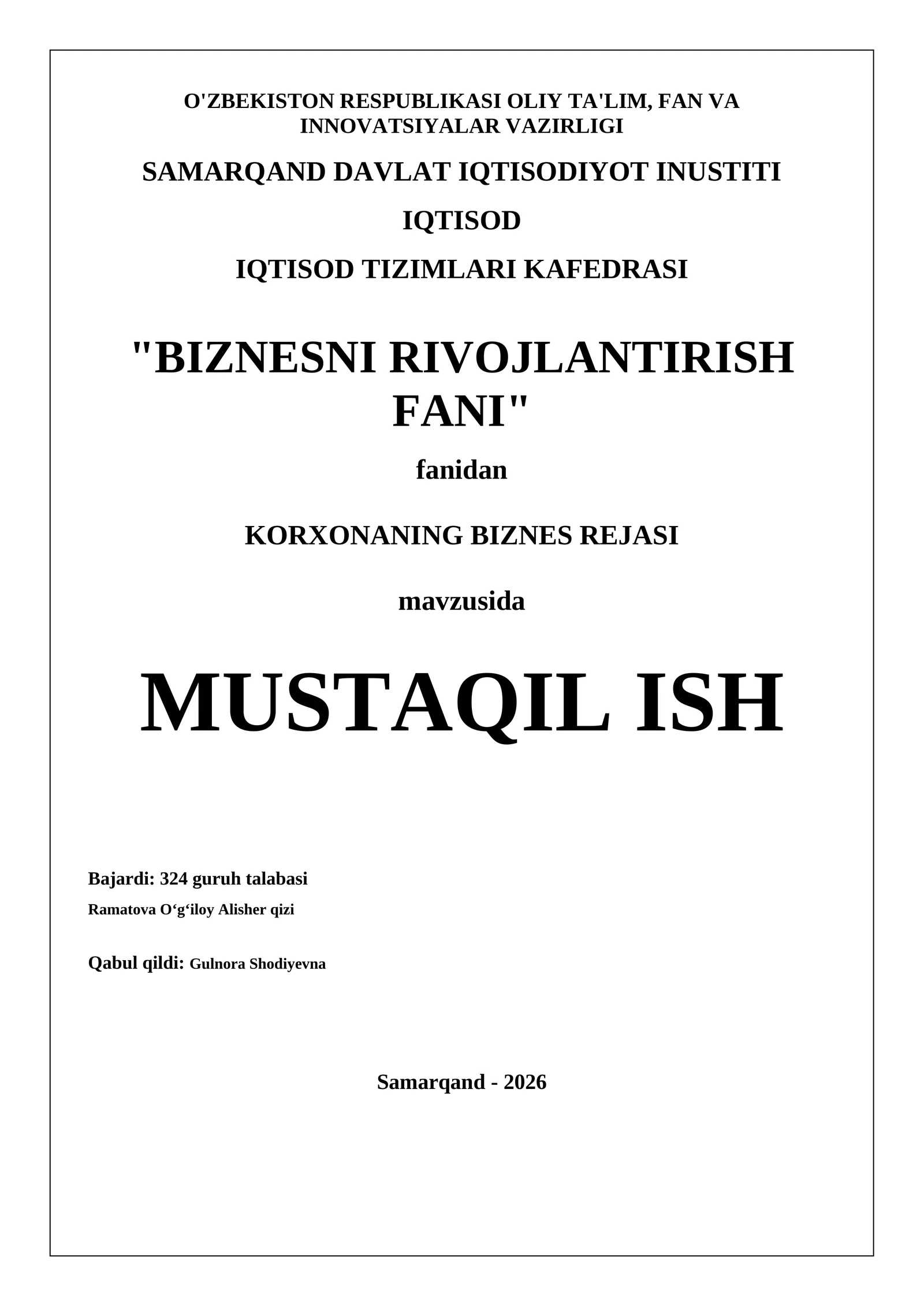 KORXONANING BIZNES REJASI