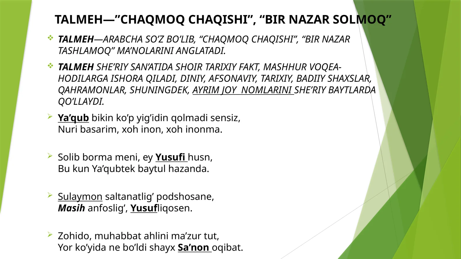 TALMEH—”CHAQMOQ CHAQISHI”, “BIR NAZAR SOLMOQ”
