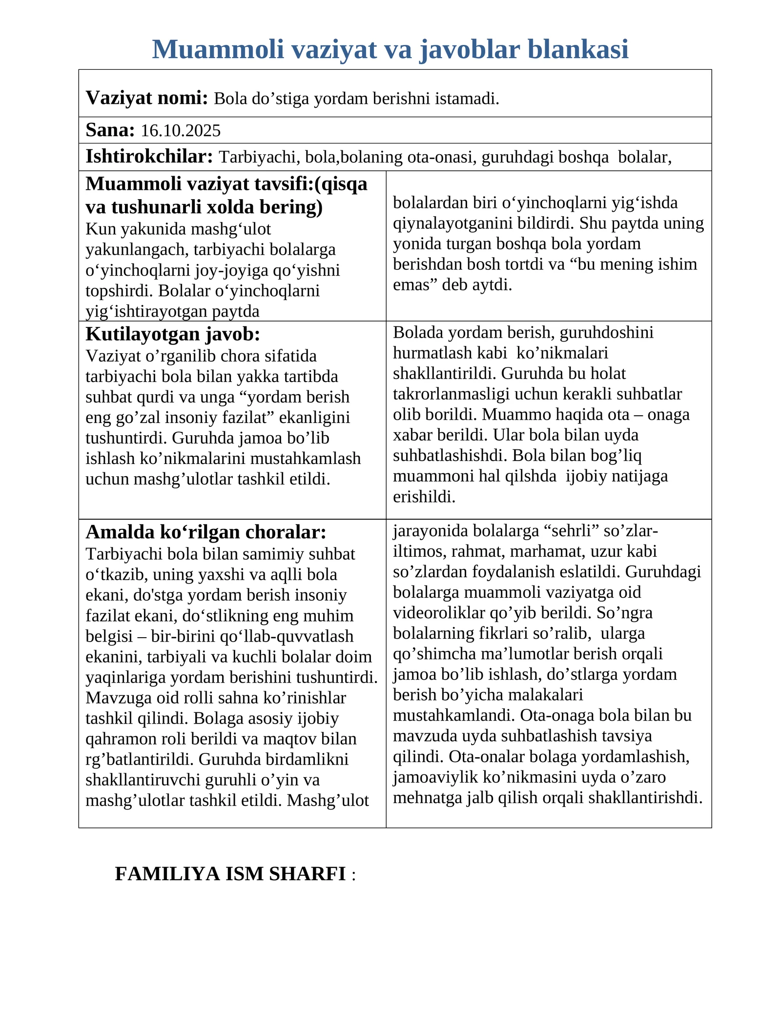 Bola do’stiga yordam berishni istamadi muammoli vaziyat