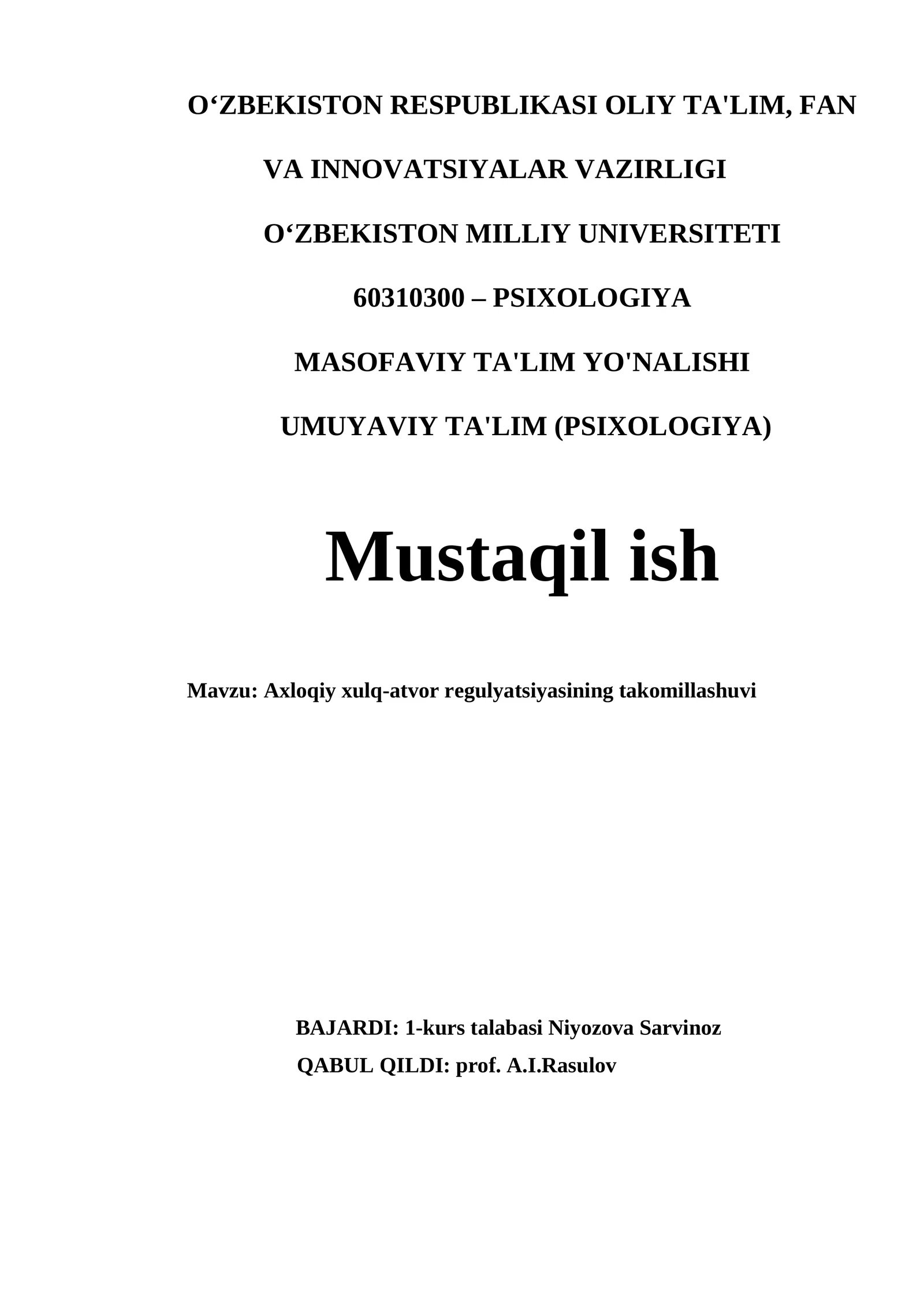 Axloqiy xulq-atvor regulyatsiyasining takomillashuvi