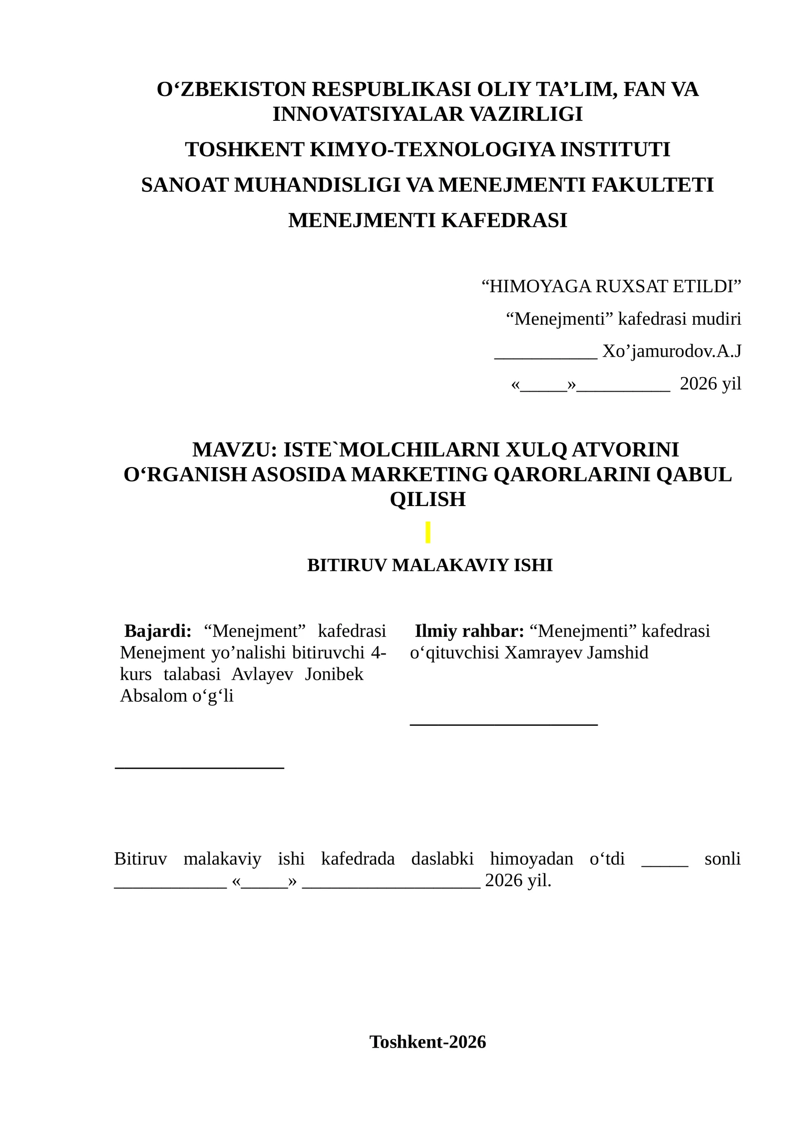 ISTE`MOLCHILARNI XULQ ATVORINI O‘RGANISH ASOSIDA MARKETING QARORLARINI QABUL QILISH
