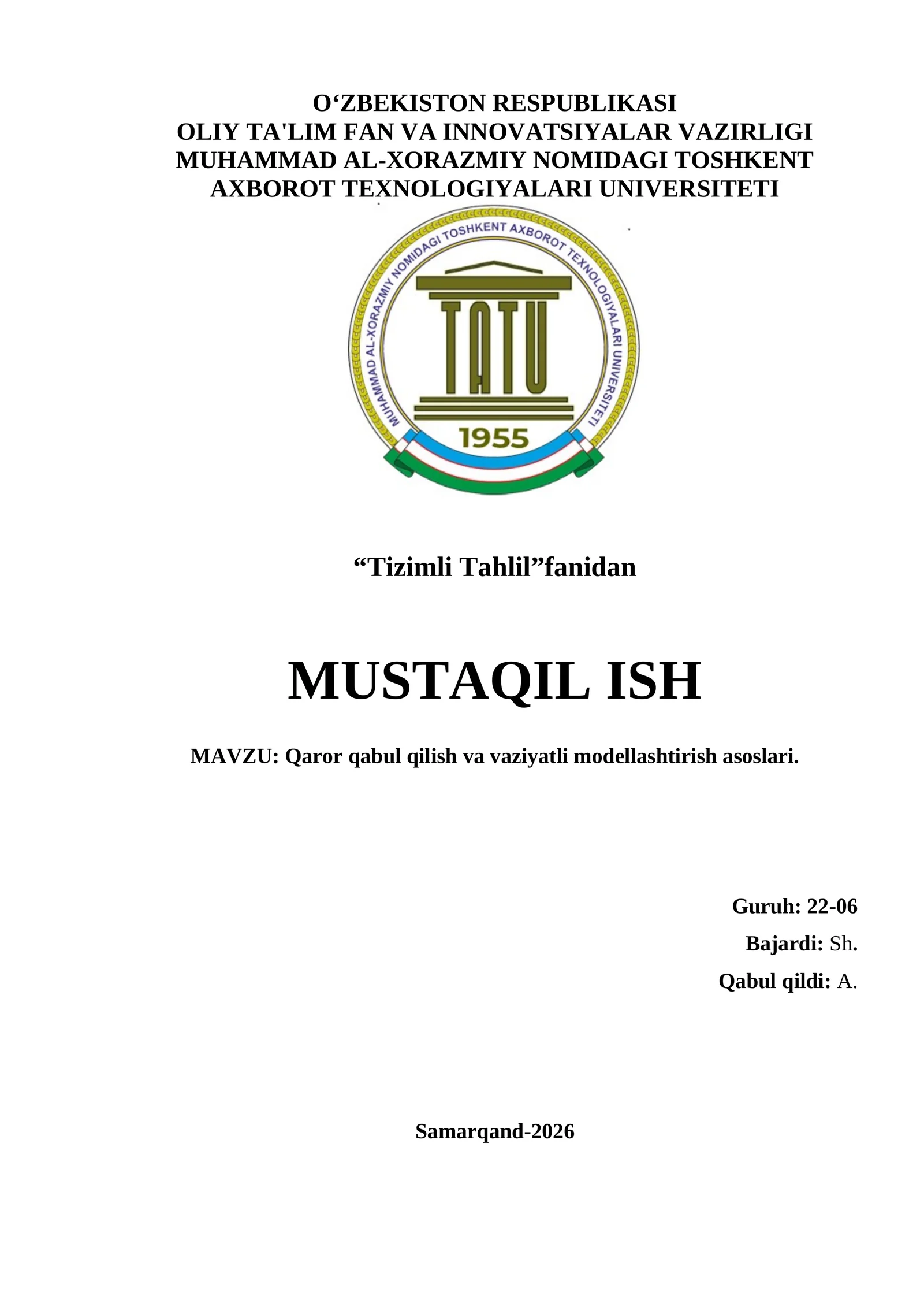 Qaror qabul qilish va vaziyatli modellashtirish asoslari  1. Qaror qabul qilish nazariyasining asoslari.  2. Qaror qabul qilish modellari.  3. Vaziyatli modellashtirish.  4. Matematik usullar va formulalar.   5. Amaliy misollar.  6. Xulosa.  7. Foydalanilgan adabiyotlar.