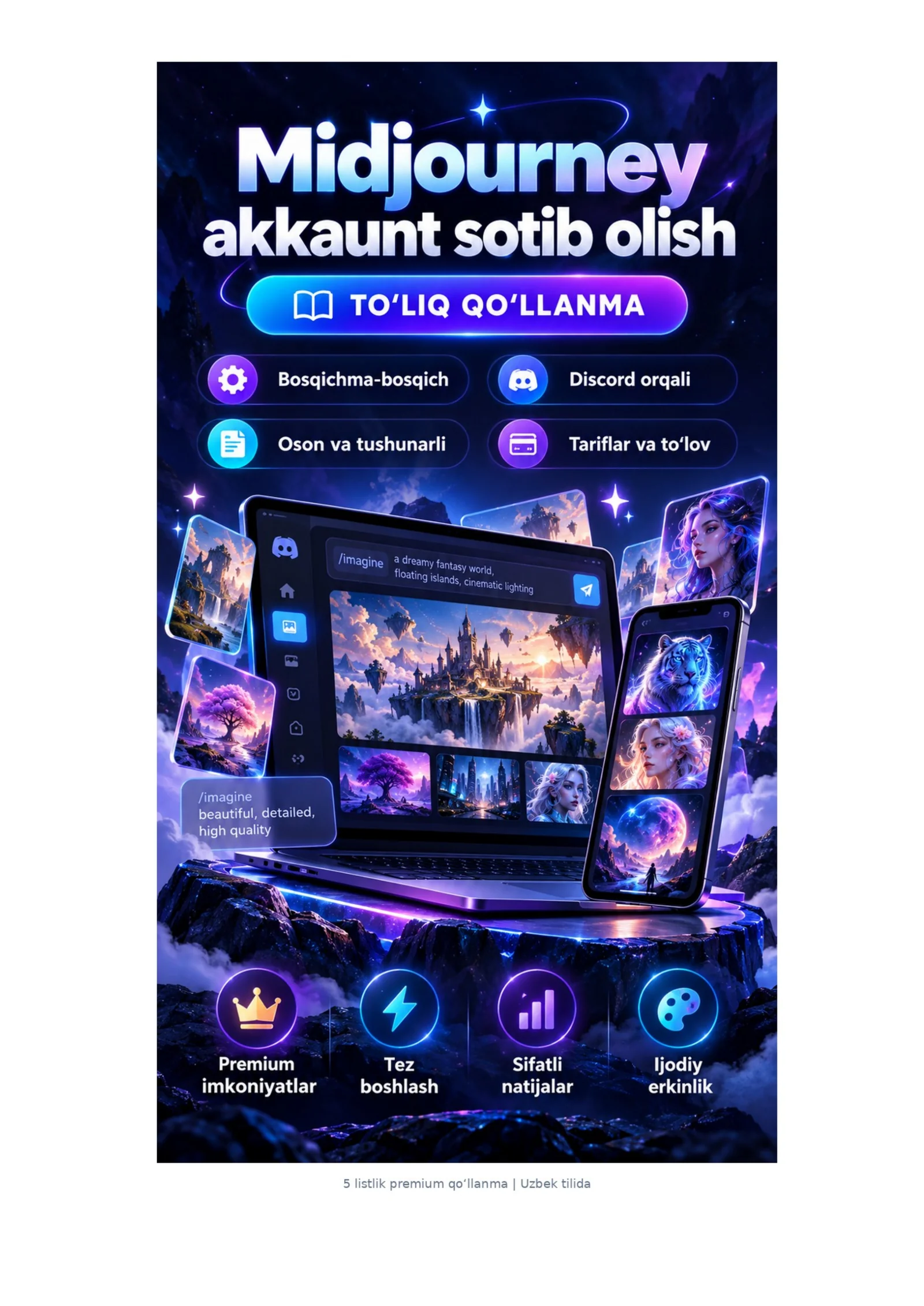 🎨🤖 MIDJOURNEY AKKAUNT SOTIB OLISH | 💎 PREMIUM OBUNA | 📘 5 SAHIFALIK TO‘LIQ QO‘LLANMA 🚀✨