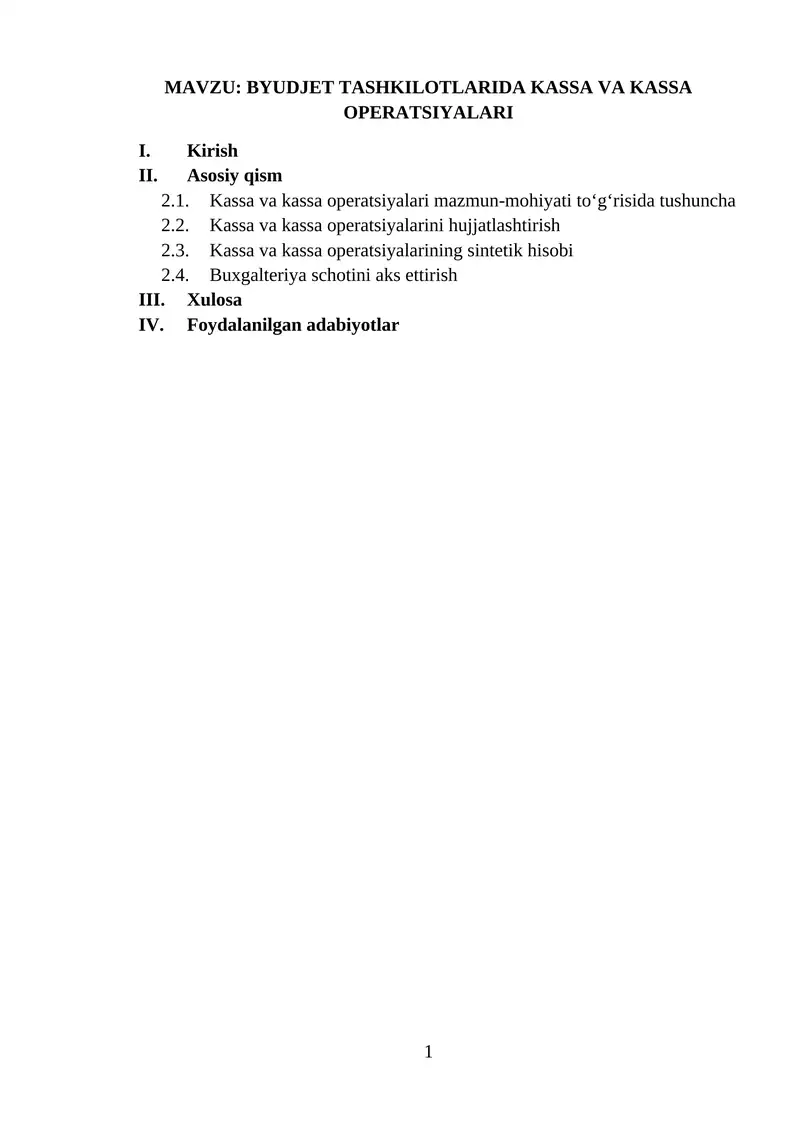 BYUDJET TASHKILOTLARIDA KASSA VA KASSA OPERATSIYALARI