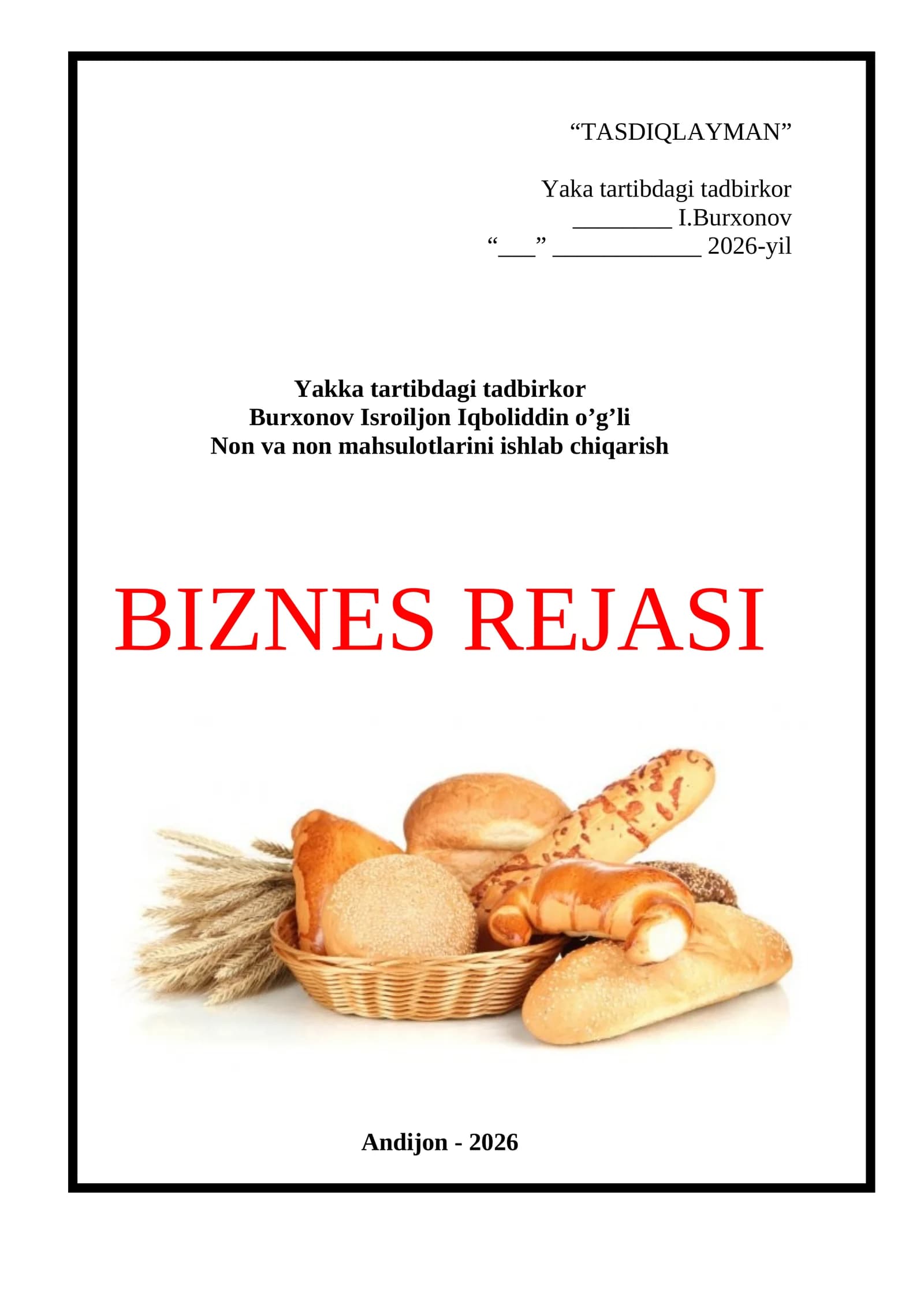 Biznes reja-Non mahsulotlari ishlab chiqarish-2026